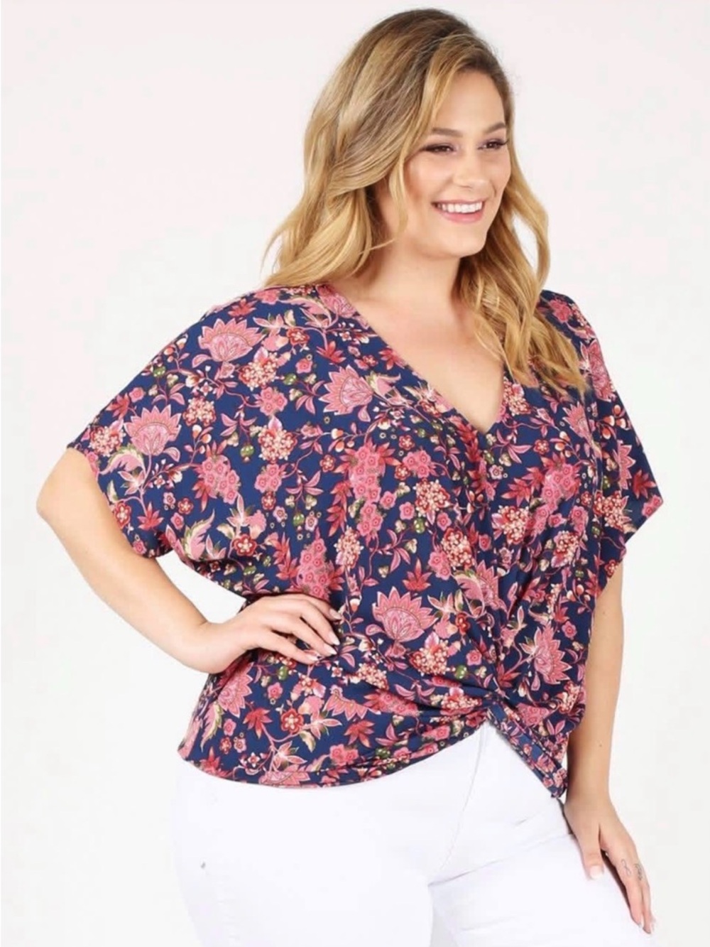 Plus Size Navy Floral Twist-Front V-Neck Top